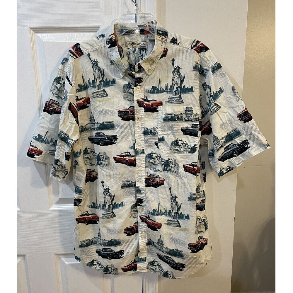 Joe‎ Marlin Mens Short Sleeve Button Shirt Sz XXL Classic Cars Statue Of Liberty
